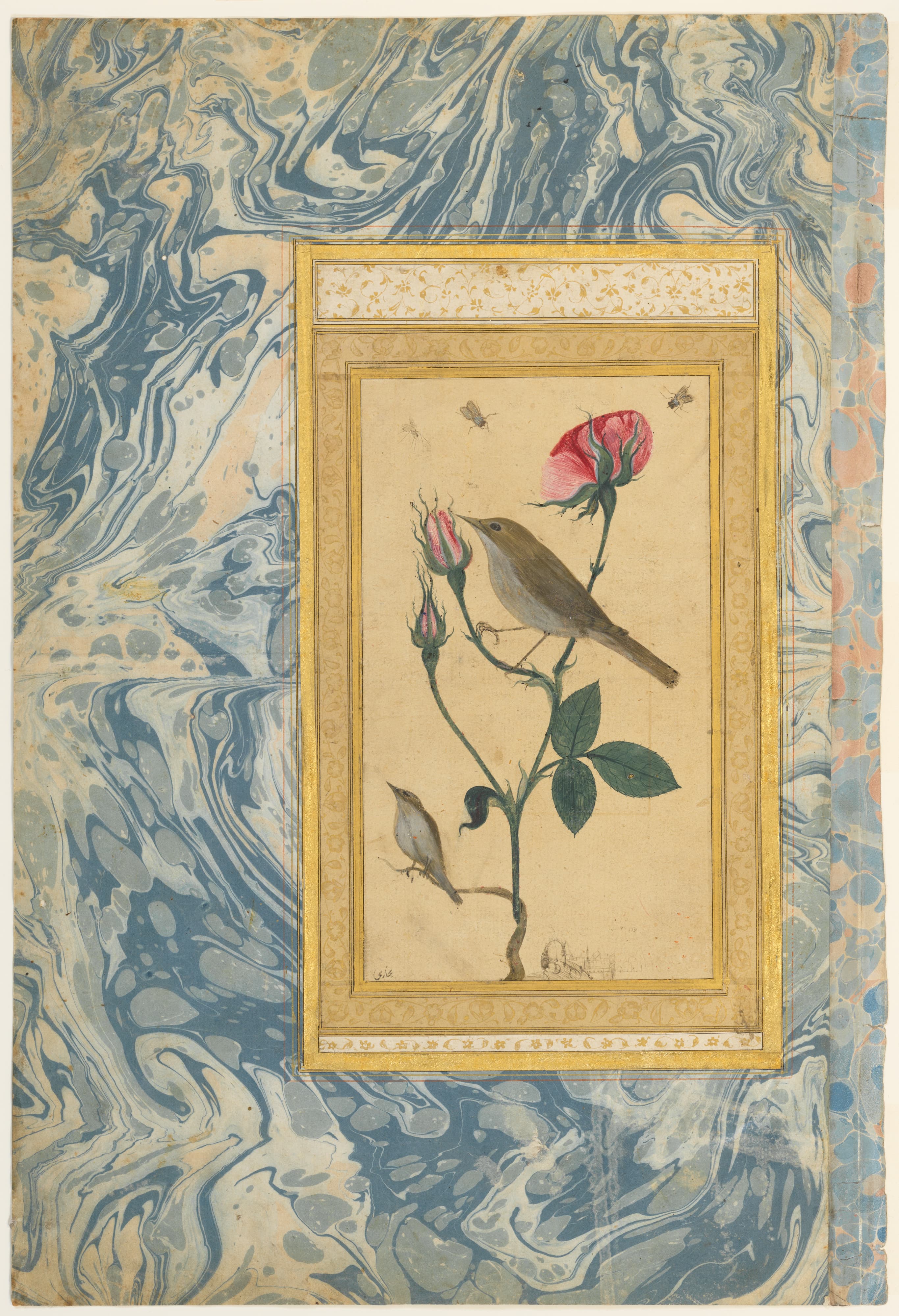 "Two Nightingales in a Rose Bush", Double-Sided Illustrated Leaf from an Ottoman Album