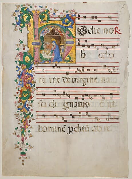 Manuscript Leaf with the Nativity in an Initial H, from an Antiphonary