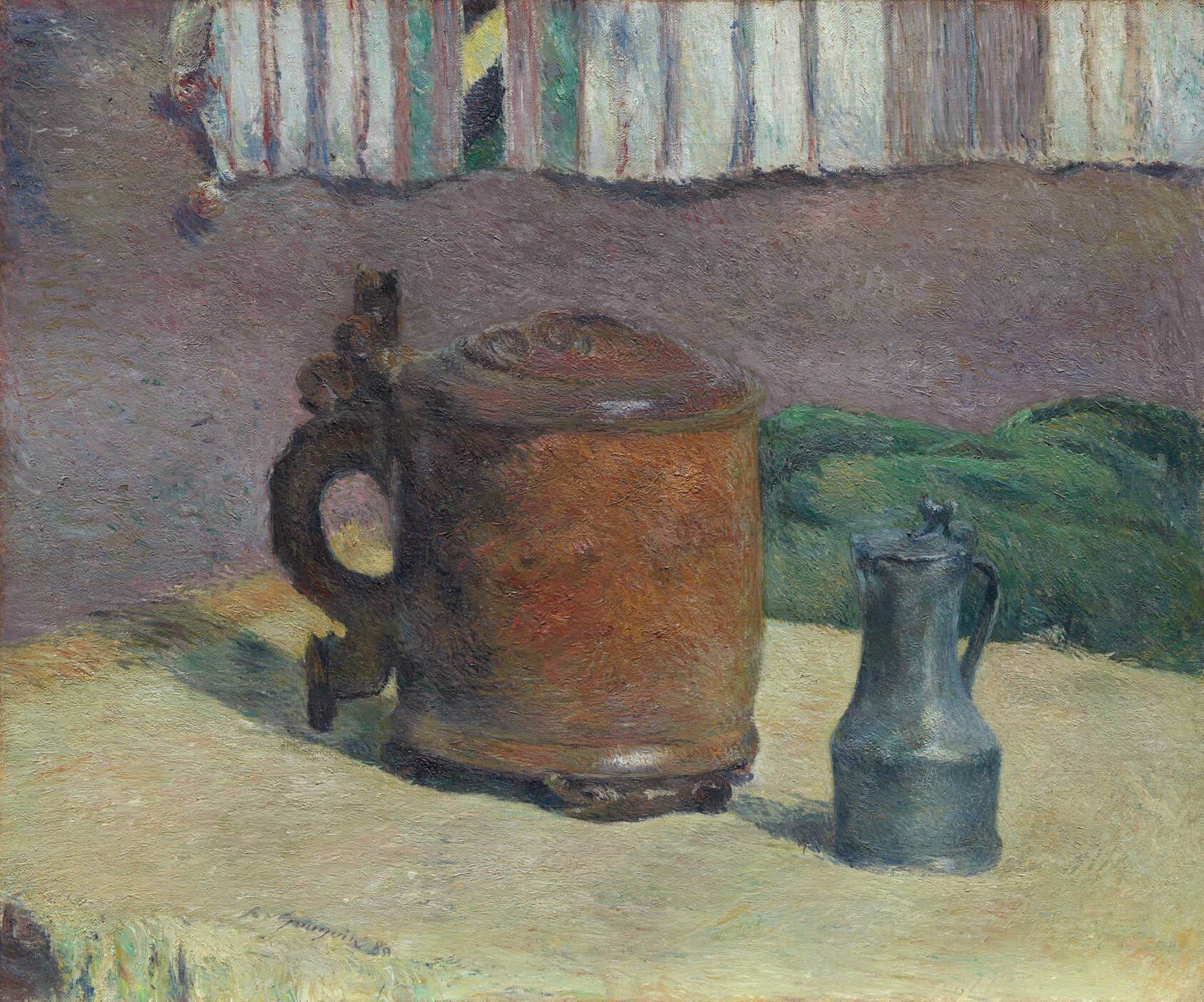 Still Life: Wood Tankard and Metal Pitcher