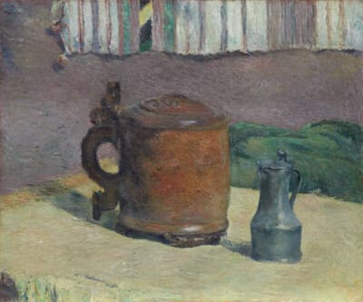 Still Life: Wood Tankard and Metal Pitcher